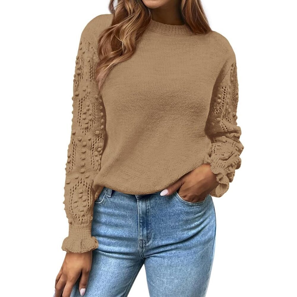 Women Fall Sweater Knit Crew Neck Long Sleeve Crochet Hollow Out Casual